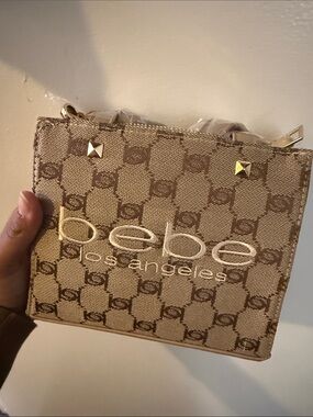 bebe Tan Logo Mini Crossbody with Gold Studs